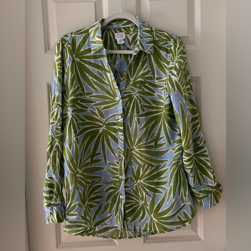 Sigrid Olsen linen blue/green floral long sleeve button shirt, size M